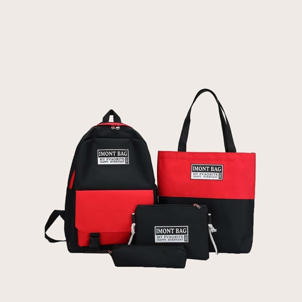 

4pcs Boys Letter Graphic Colorblock Backpack Set, Black
