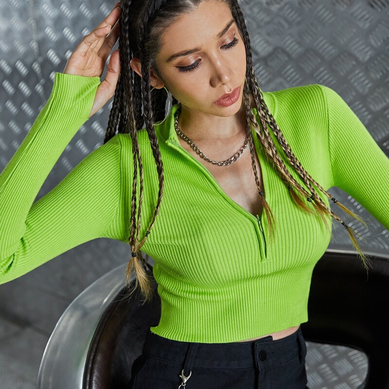 

Neon Green Half Zipper Thumb Holes Sweater, Green neon
