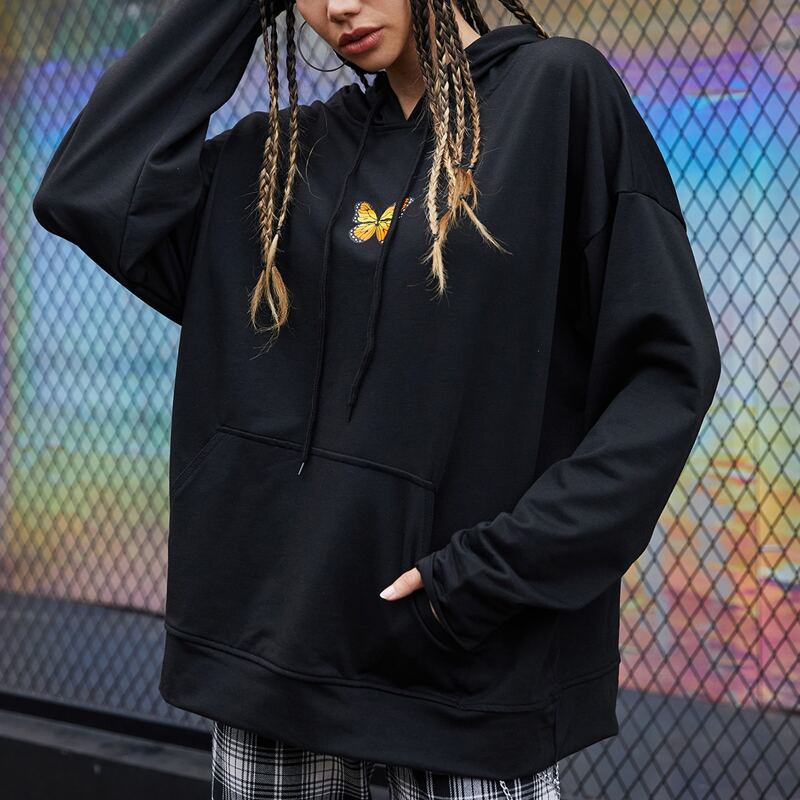 

Butterfly Print Kangaroo Front Drawstring Hoodie, Black