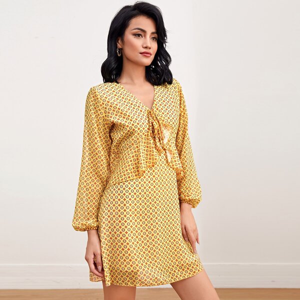 

Allover Print Knot Ruffle Backless Dress, Yellow