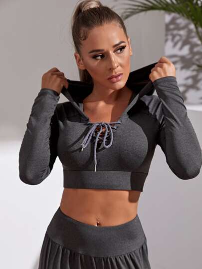 Lace Up Front Crop Sports Hoodie
