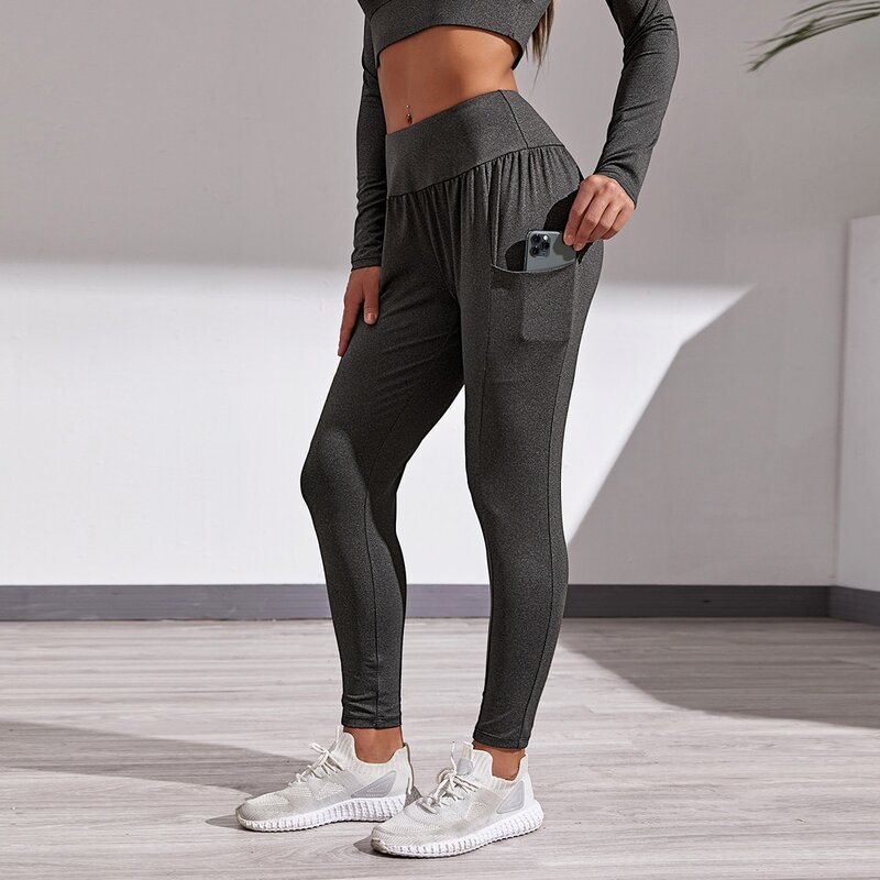 

Solid Wide Waistband Sports Pants With Phone Pocket, Grey