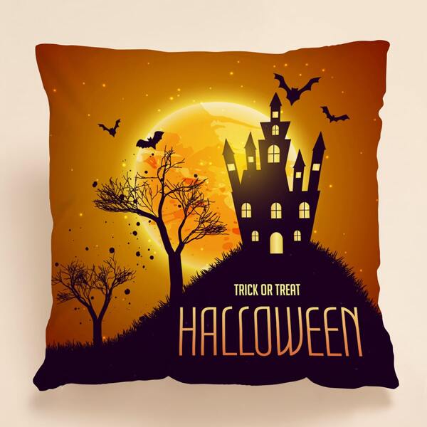 

Halloween House Print Cushion Cover Without Filler, Multicolor