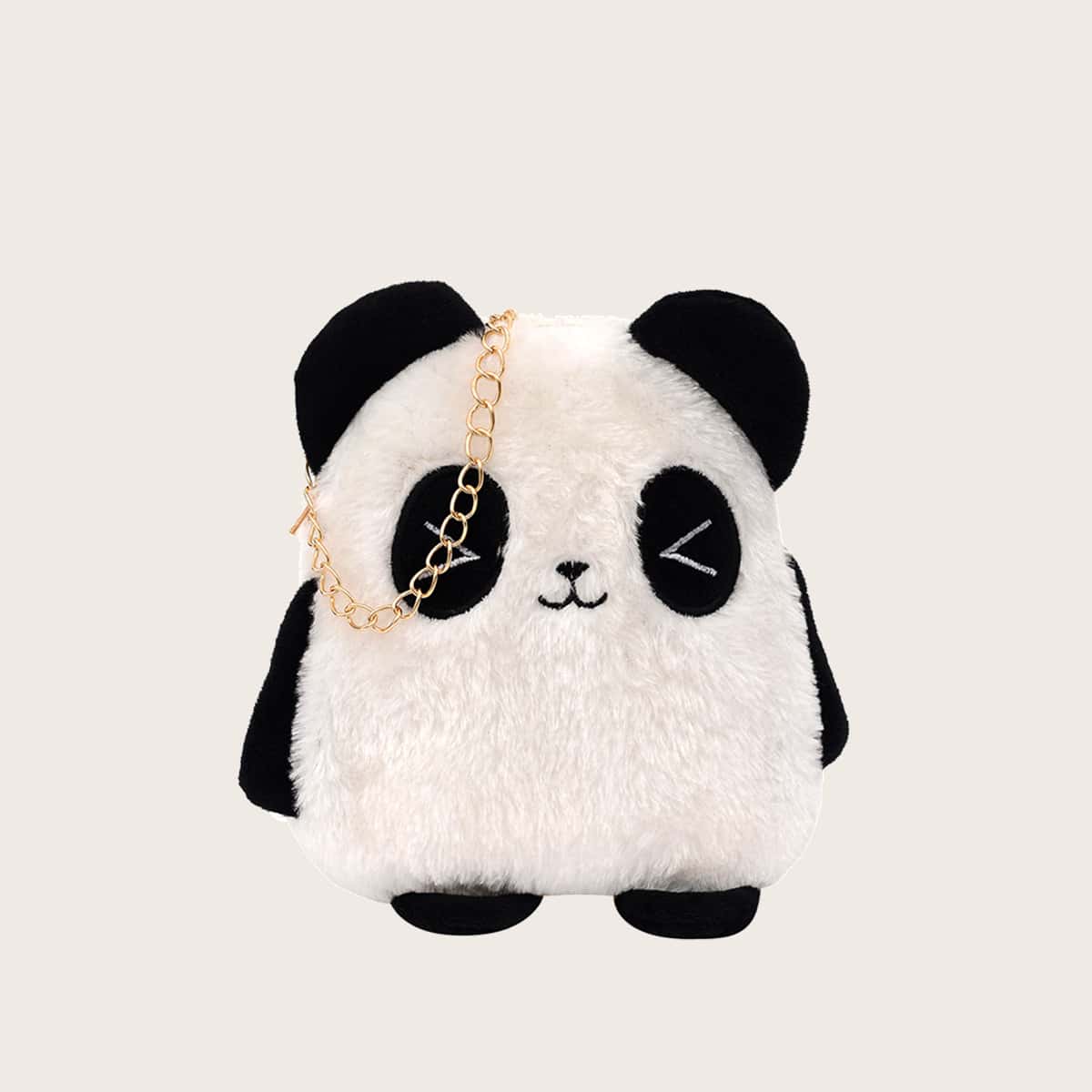 

Panda Fluffy Crossbody Bag, Black and white