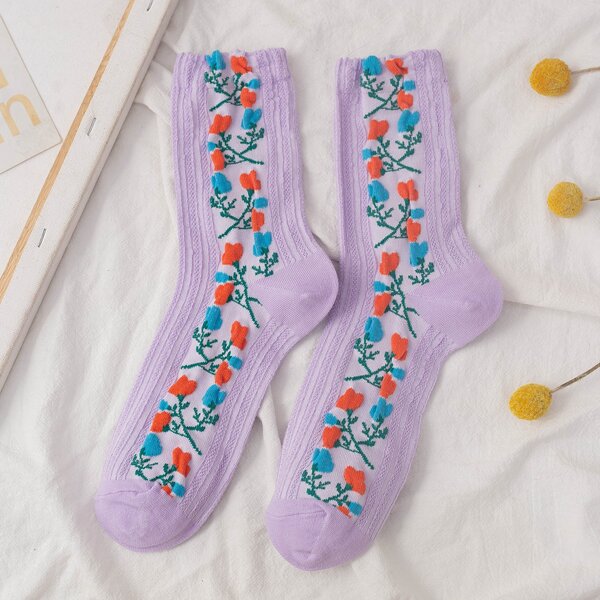 

Flower Pattern Socks, Violet purple