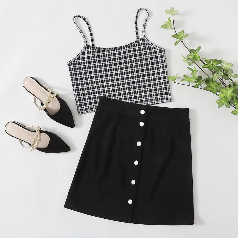 

Plaid Crop Cami & Button Front Skirt, Black