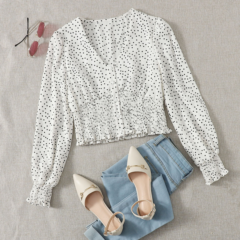 

Polka Dot Shirred Blouse, White