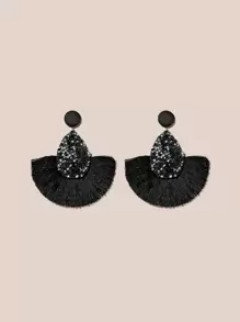 Tassel Decor Drop Earrings - Black - View 1