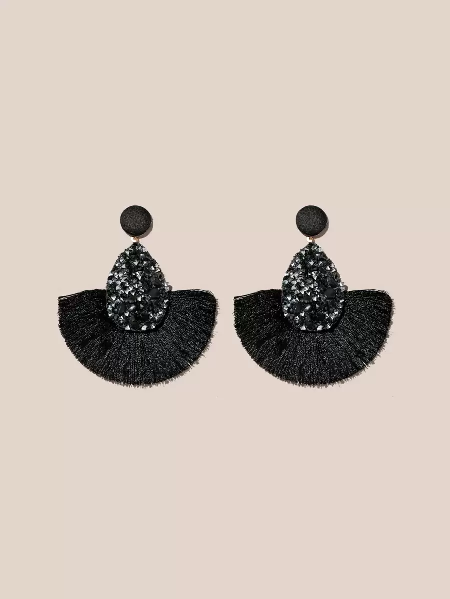 Tassel Decor Drop Earrings - Black - View 1