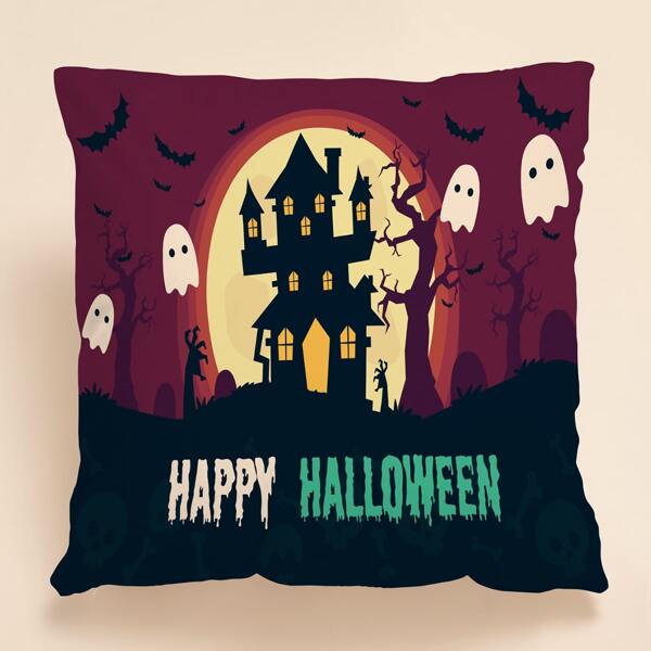 

Halloween House Print Cushion Cover Without Filler, Multicolor