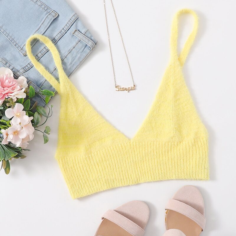 

Solid Fuzzy Knit Bralette Top, Yellow bright