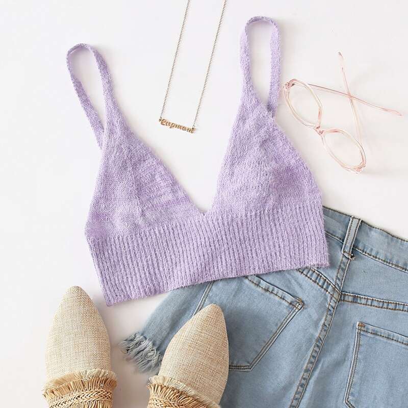 

Solid Fuzzy Knit Bralette Top, Lilac purple