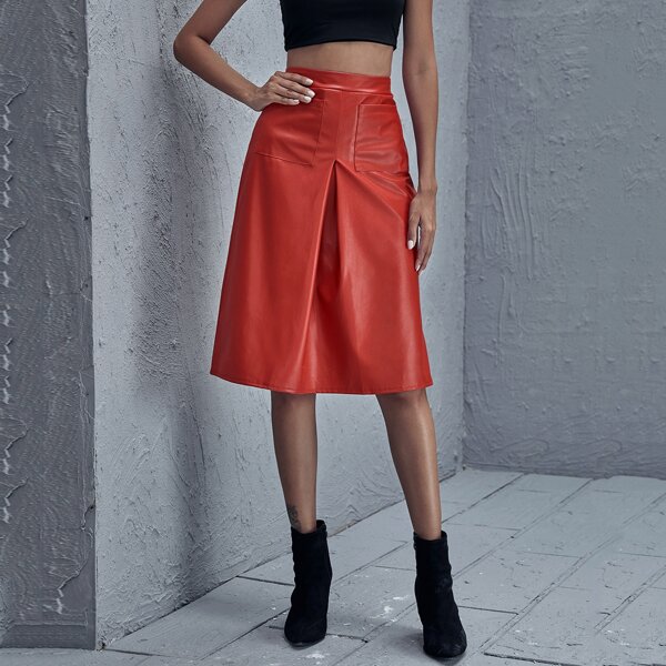 

Zip Side Pocket Patched PU Leather Skirt, Orange