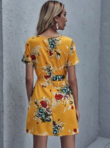 SHEIN Self Belted Floral Dress - Mustard Yellow - View 2