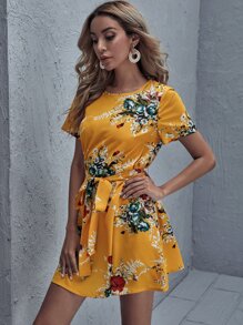 SHEIN Self Belted Floral Dress - Mustard Yellow - View 3