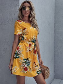 SHEIN Self Belted Floral Dress - Mustard Yellow - View 4
