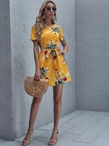 SHEIN Self Belted Floral Dress - Mustard Yellow - View 5