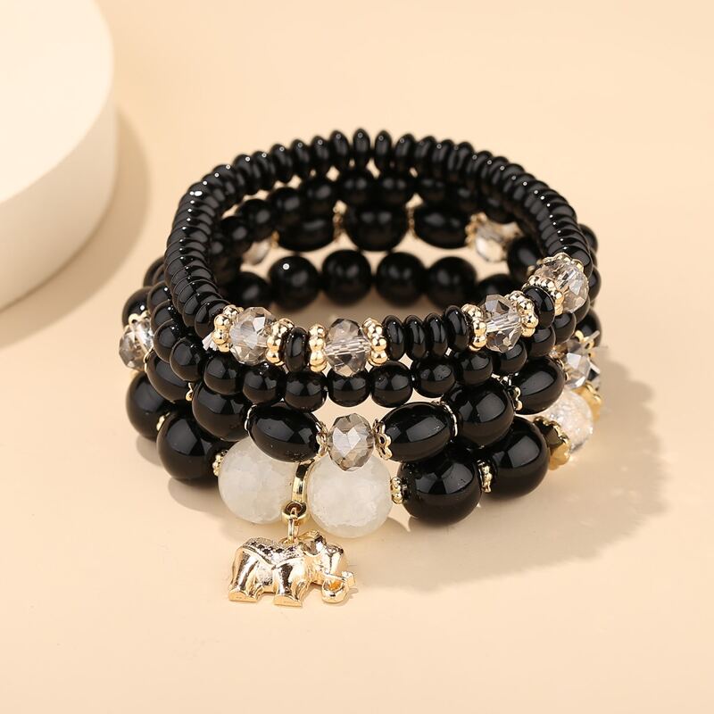 

4pcs Elephant Charm Beaded Bracelet, Black
