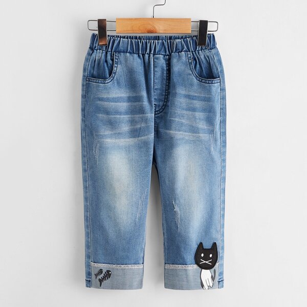 

Toddler Boys Cartoon Patched Washed Ripped Jeans, Medium wash