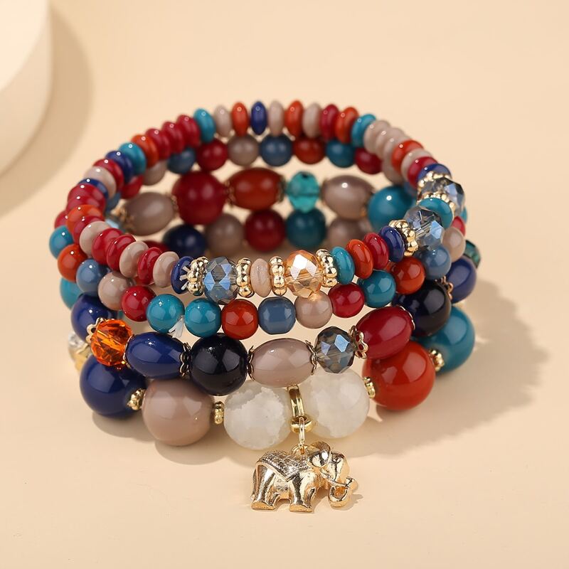 

4pcs Elephant Charm Beaded Bracelet, Multicolor