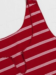 SHEIN 缺口領口條紋羅紋針織睡裙 - 紅色 - 查看 4