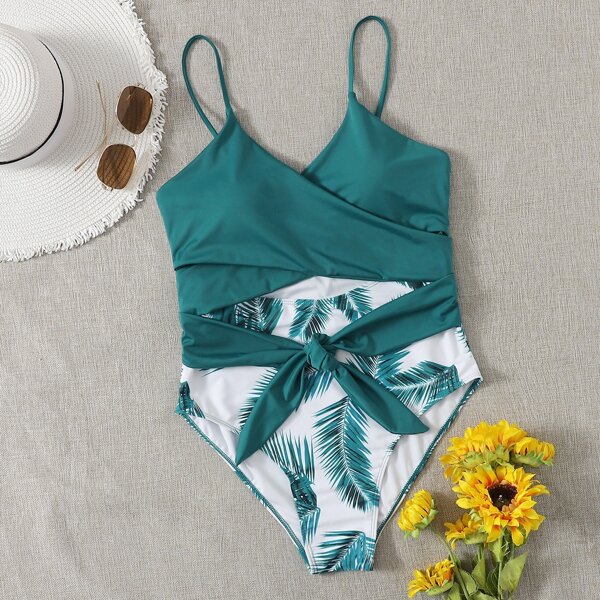 

Plus Palm Print Knot Front One Piece Swimsuit, Teal blue