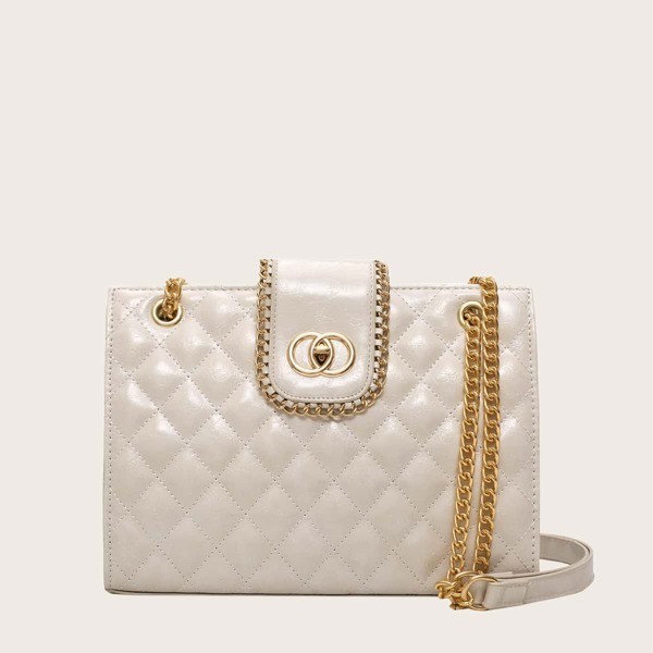 

Quilted Chain Crossbody Bag, Beige