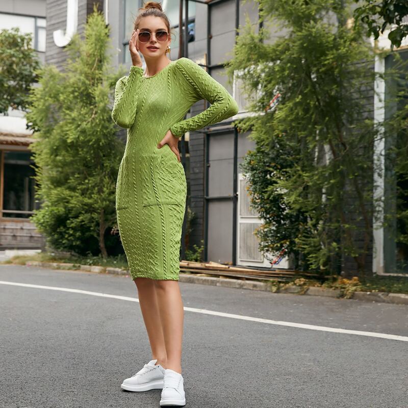 

Slant Pocket Cable Knit Dress, Lime green