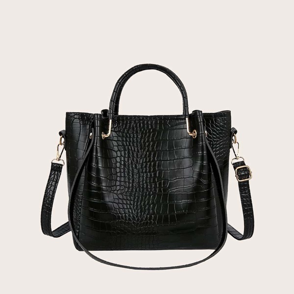 

Crocodile Satchel Bag, Black