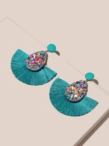 Pendientes largos con fleco con redondo - Azul - Ver 2