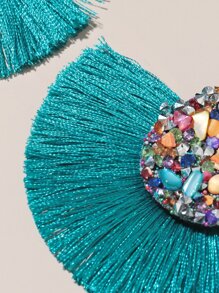 Pendientes largos con fleco con redondo - Azul - Ver 3