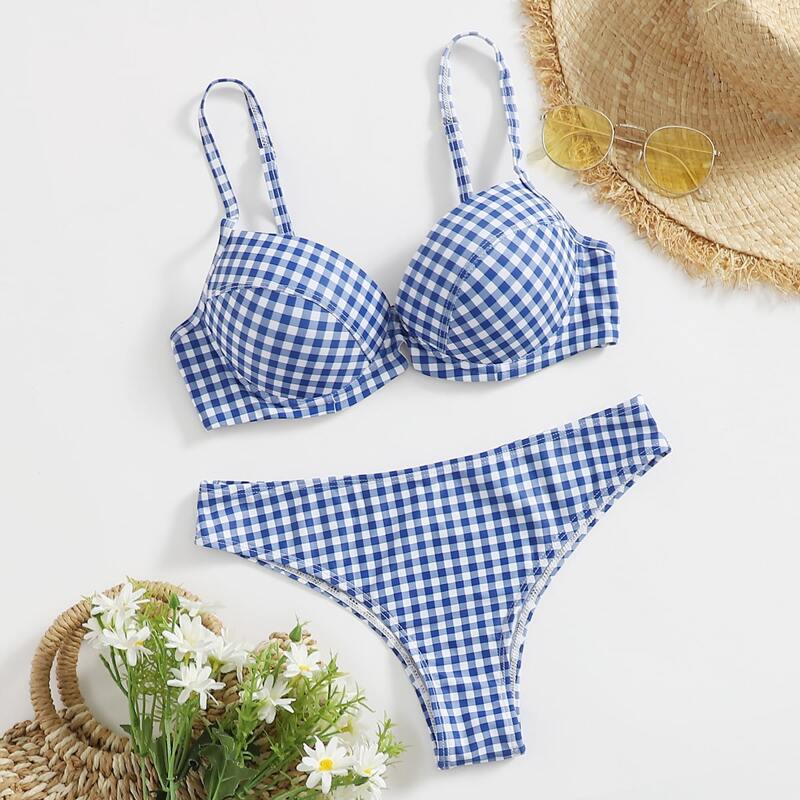 

Gingham Push Up Bikini Swimsuit, Blue and white