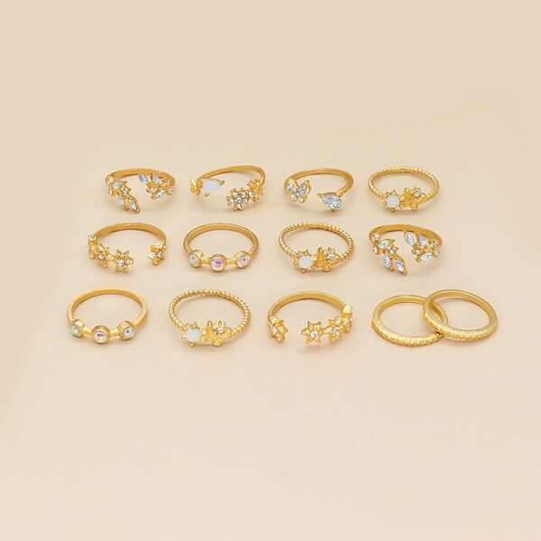 

13pcs Rhinestone Butterfly Decor Ring, Gold