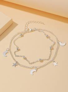星星月亮多層腳錬 - 銀色 - 查看 2