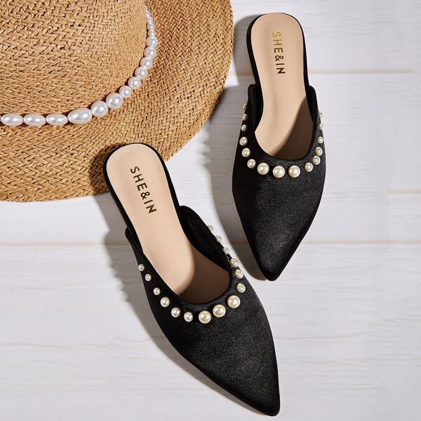 

Faux Pearl Decor Flat Mules, Black