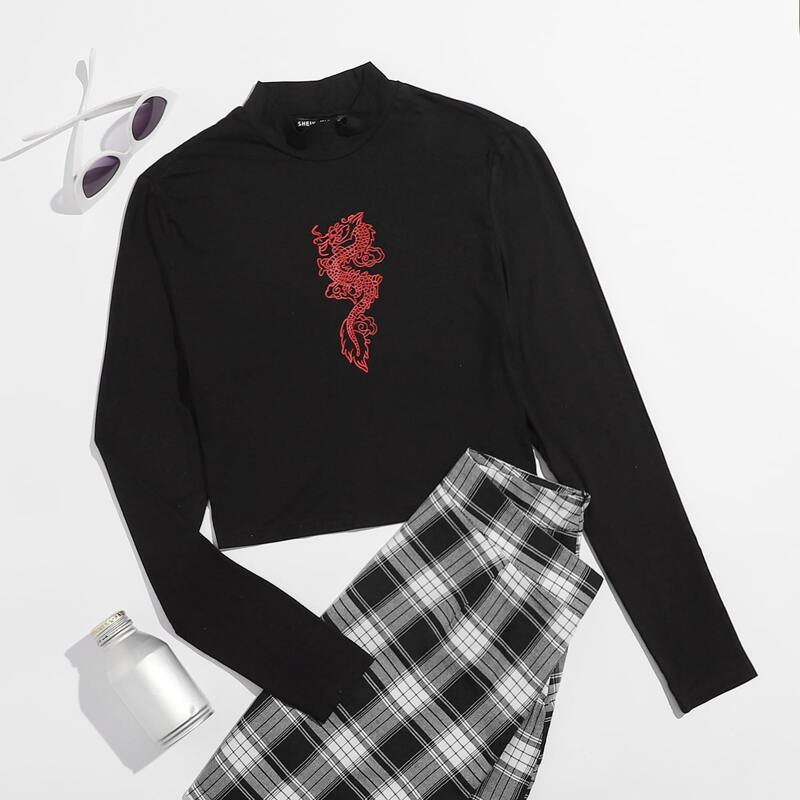 

Mock Neck Dragon Print Crop Top, Black