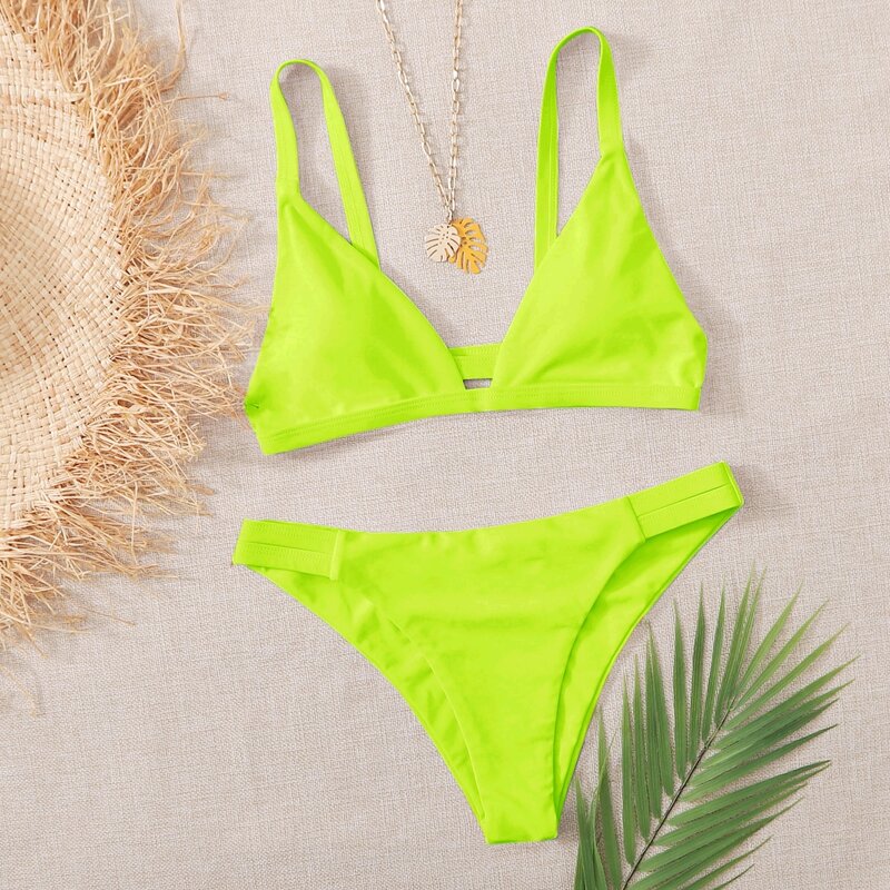 

Neon Lime Cut Out Detail Bikini Swimsuit, Neon lime green