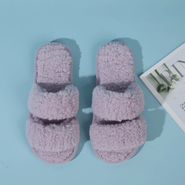 

Open Toe Double Band Fluffy Slippers, Mauve purple