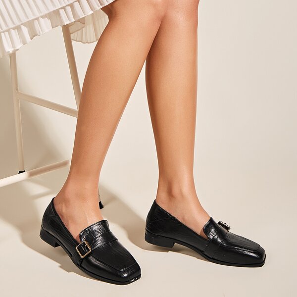 

Buckle Decor Square Toe Loafers, Black