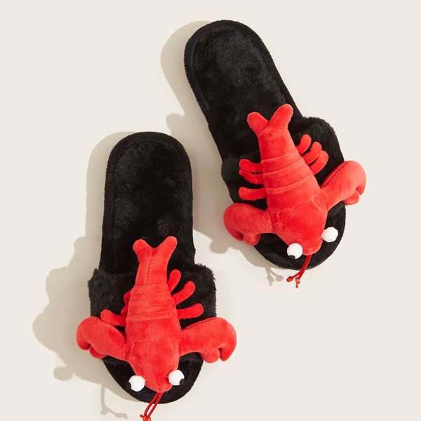 

Plush Lobster Decor Fluffy Slippers, Black