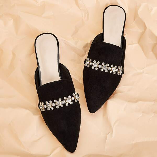 

Rhinestone Decor Flat Mules, Black