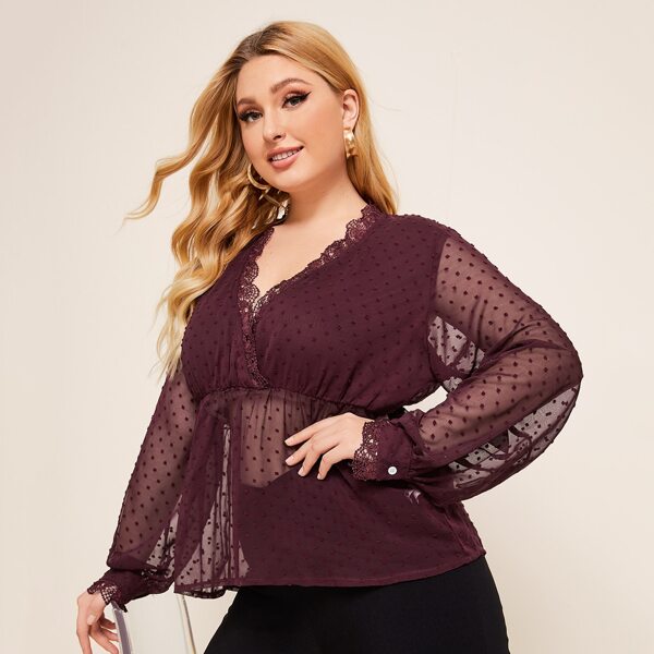 

Plus Swiss Dot Contrast Lace Sheer Mesh Blouse, Maroon