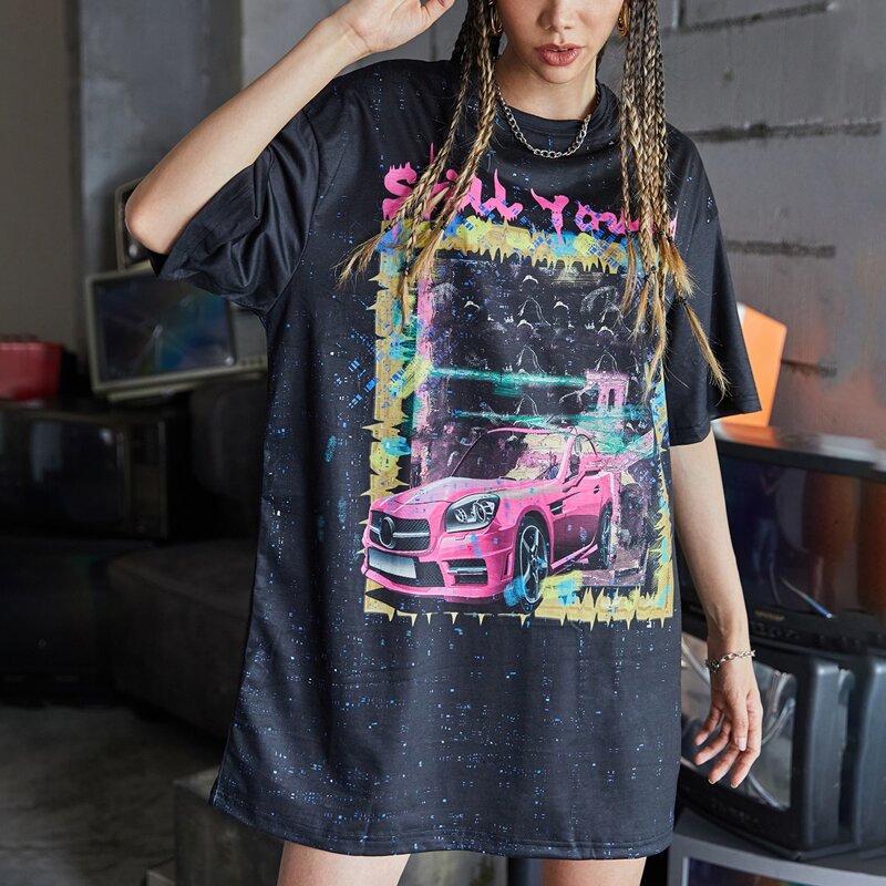 

Drop Shoulder Letter and Car Print Tee Dress, Black