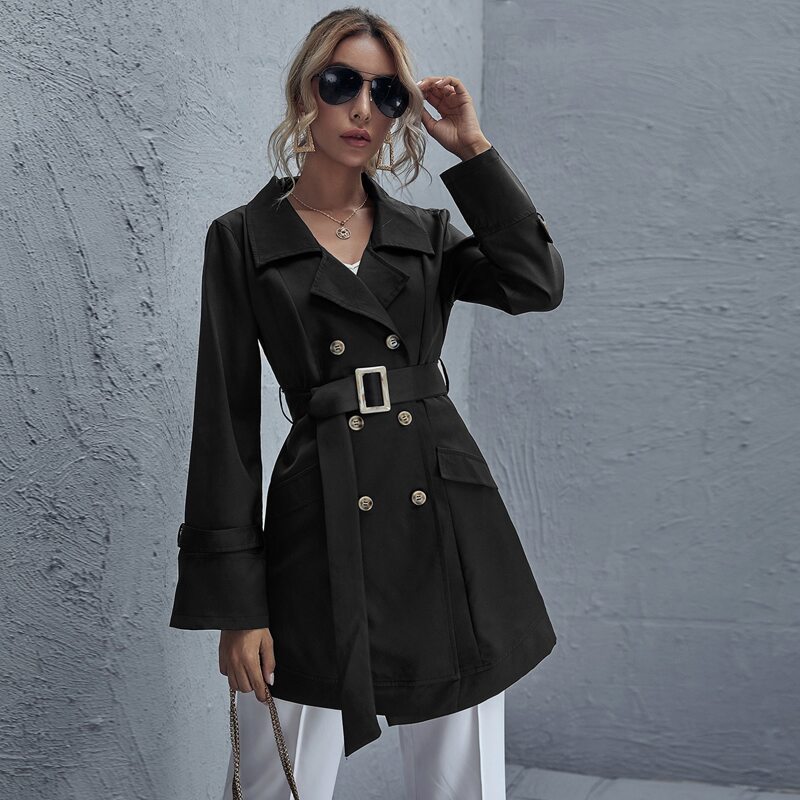

Double Button Buckle Belted Coat, Black
