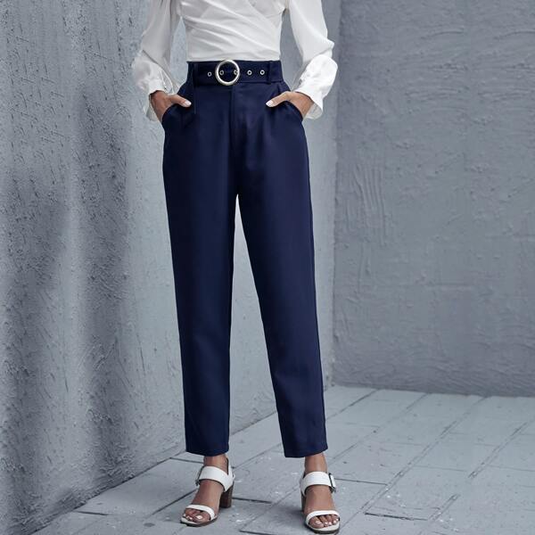 

O-ring Buckle Belted Slant Pocket Pants, Navy blue