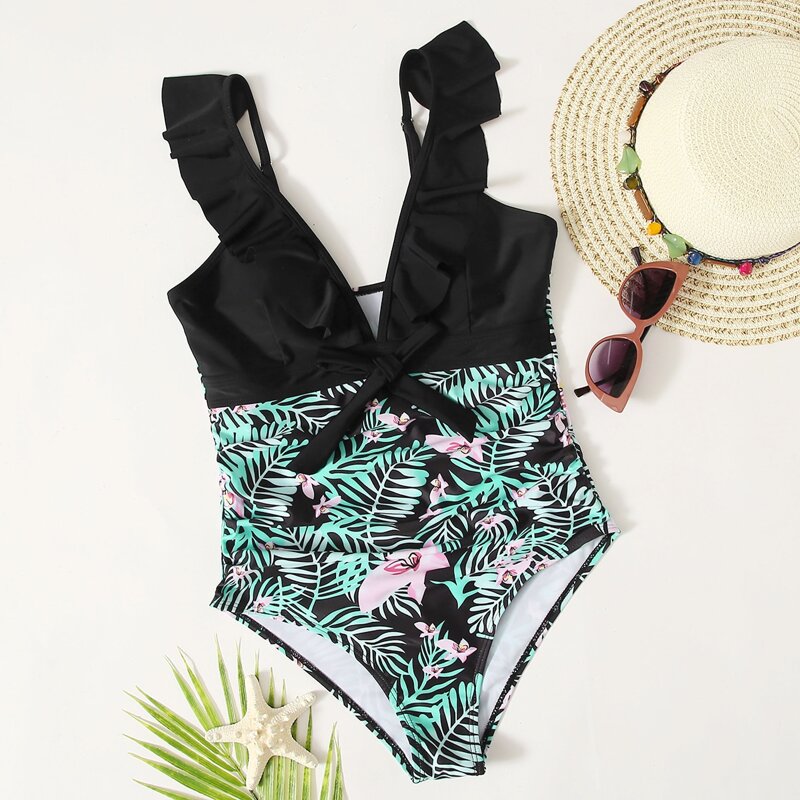 

Floral & Plant Print Ruffle One Piece Swimsuit, Multicolor