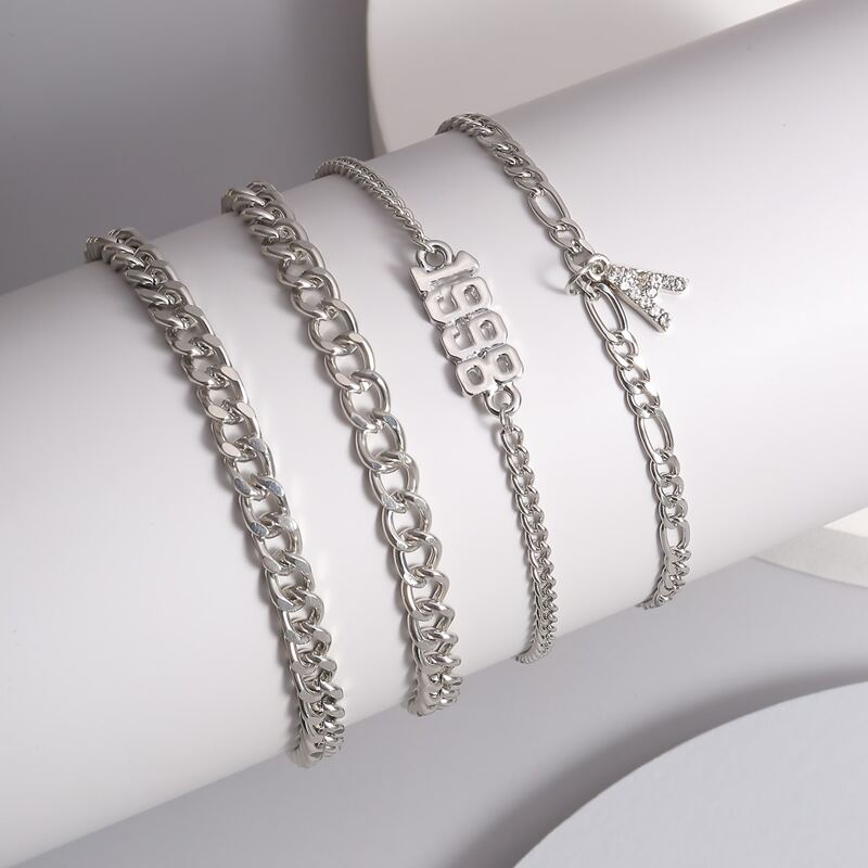

4pcs Letter & Number Decor Anklet, Silver