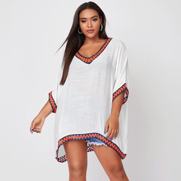 

Plus Crochet Trim Cover Up, White