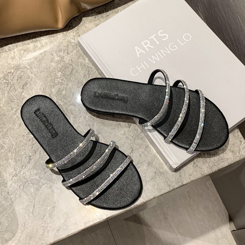 

Rhinestone Decor Open Toe Sliders, Black