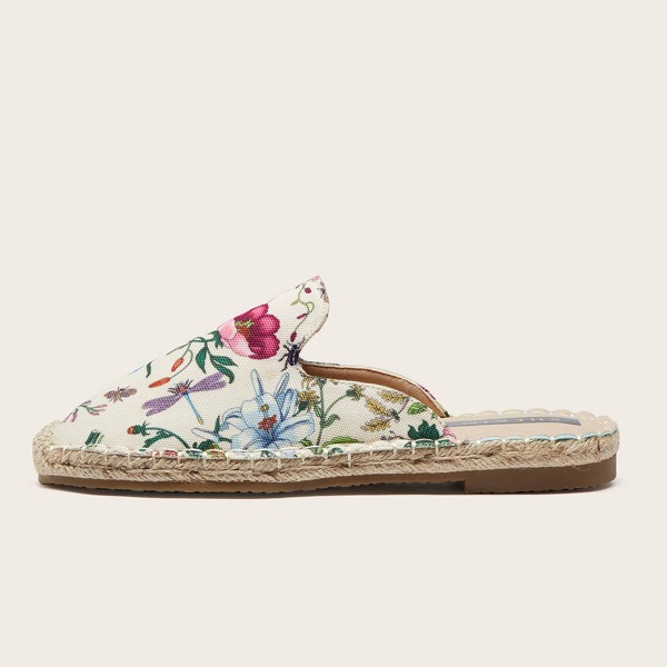 

Floral Graphic Espadrille Flat Mules, Beige